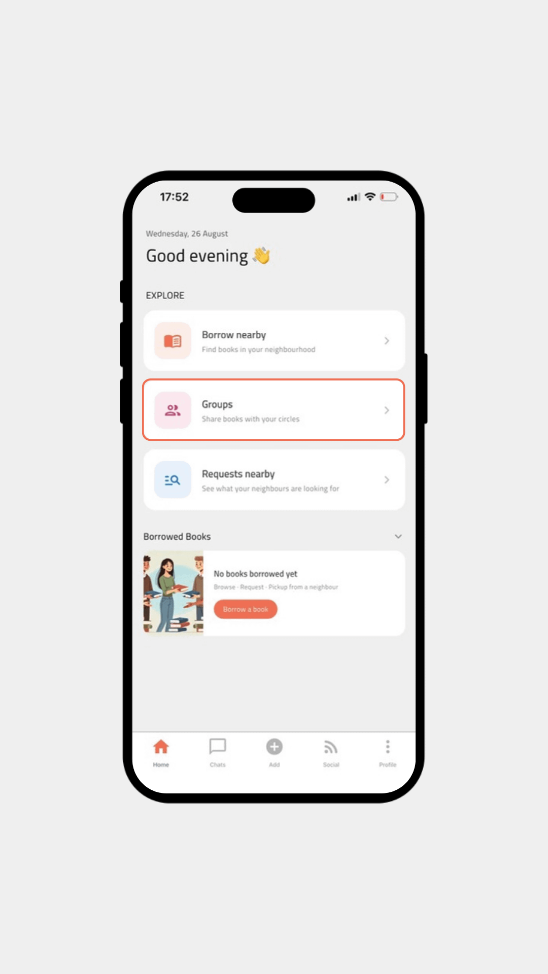 BookMingle app home screen highlighting Groups