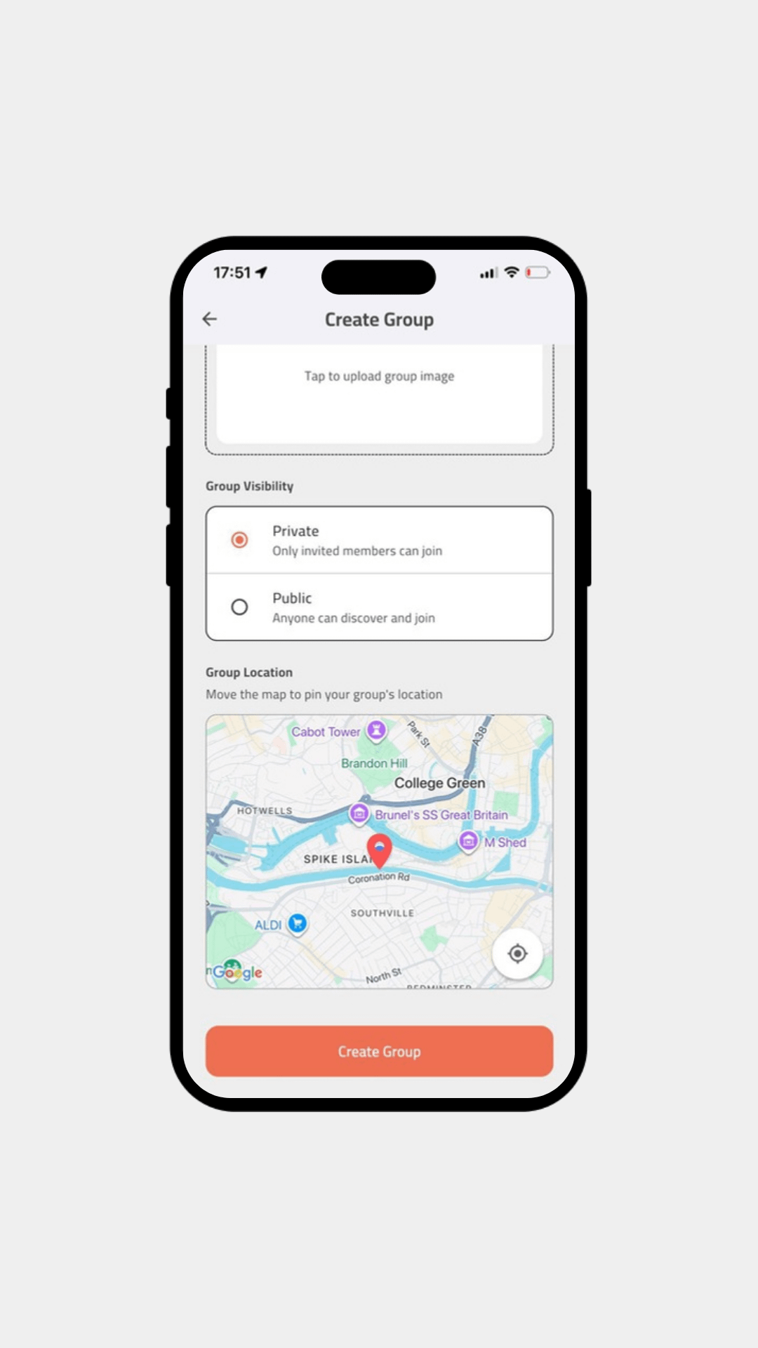 Choose BookMingle group privacy and pin the group location on a map
