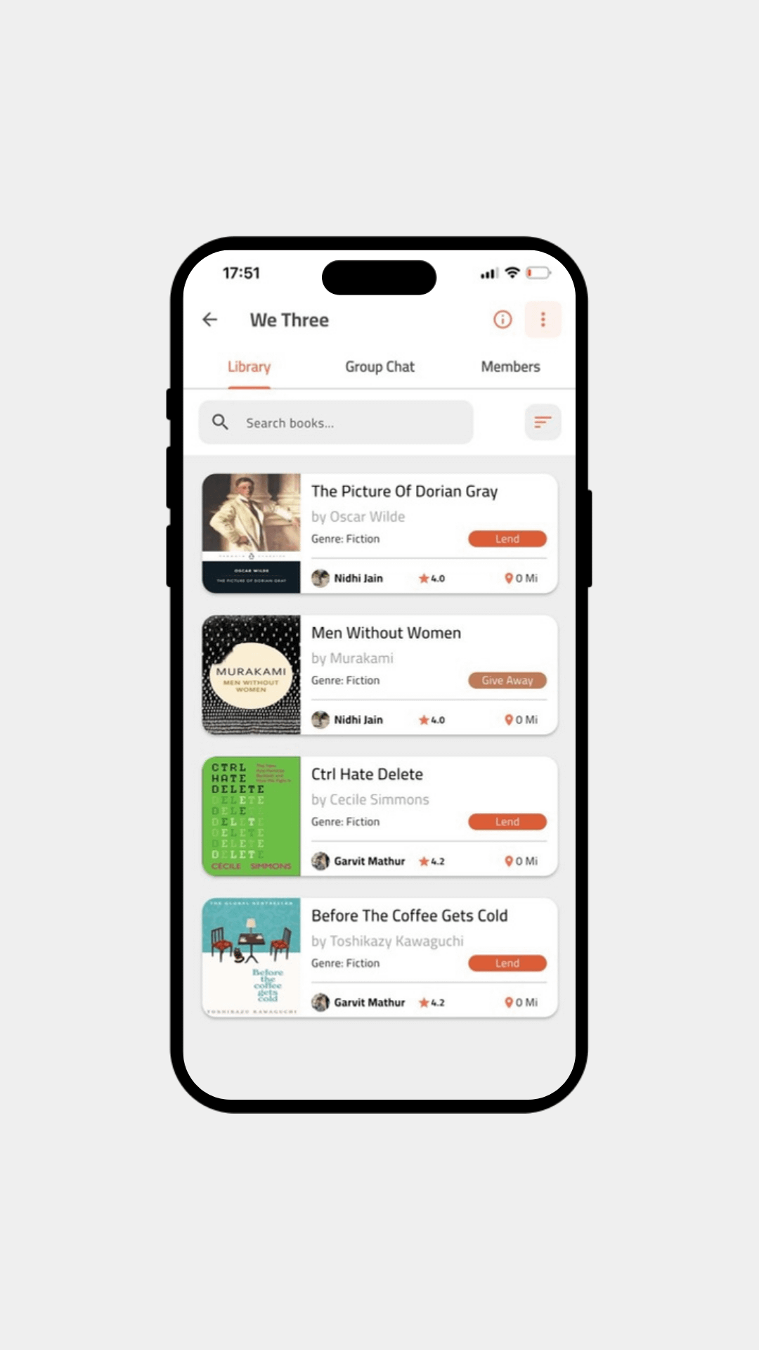 Shared BookMingle group library showing books available from group members