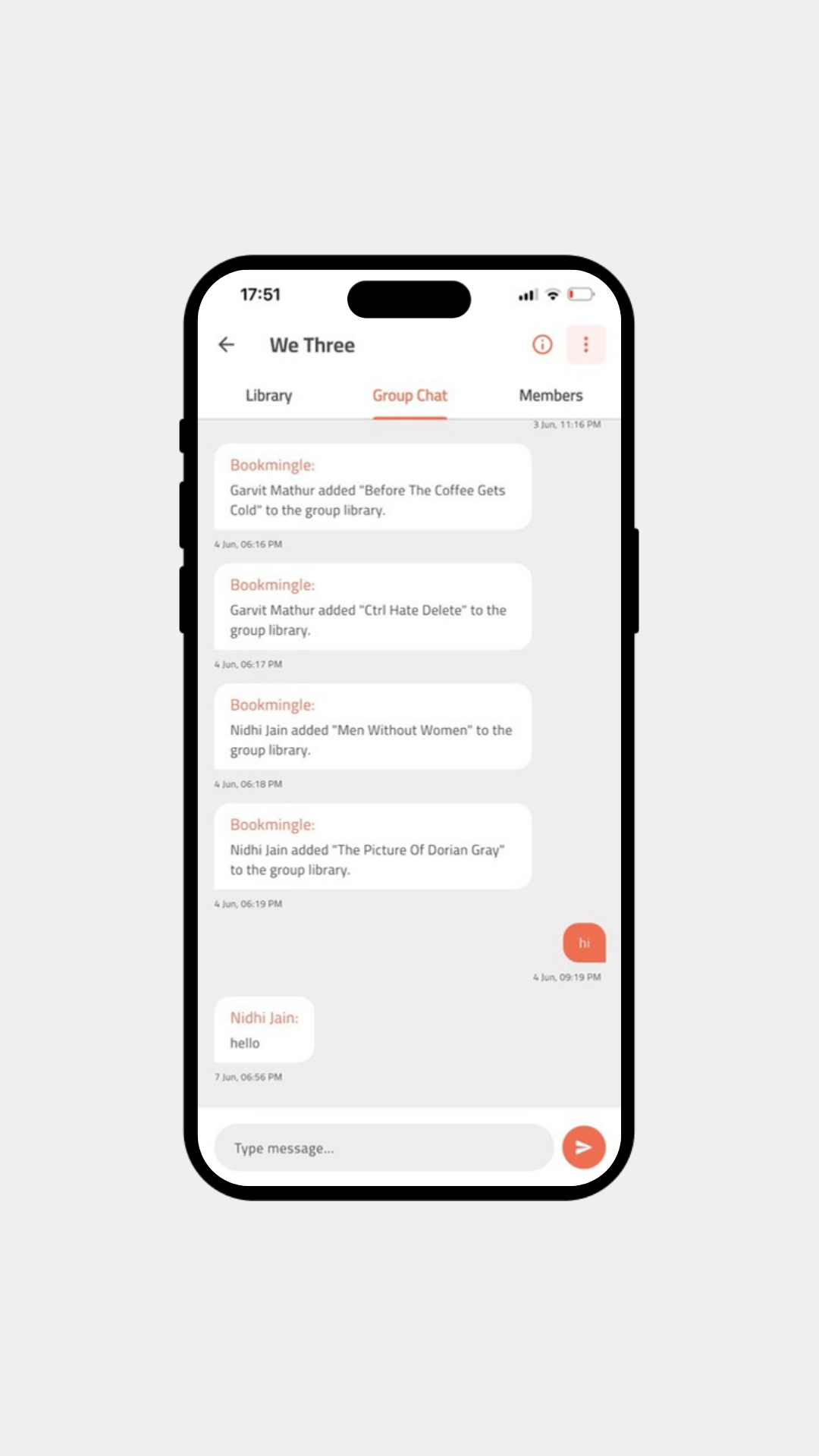 BookMingle group chat with book library activity updates